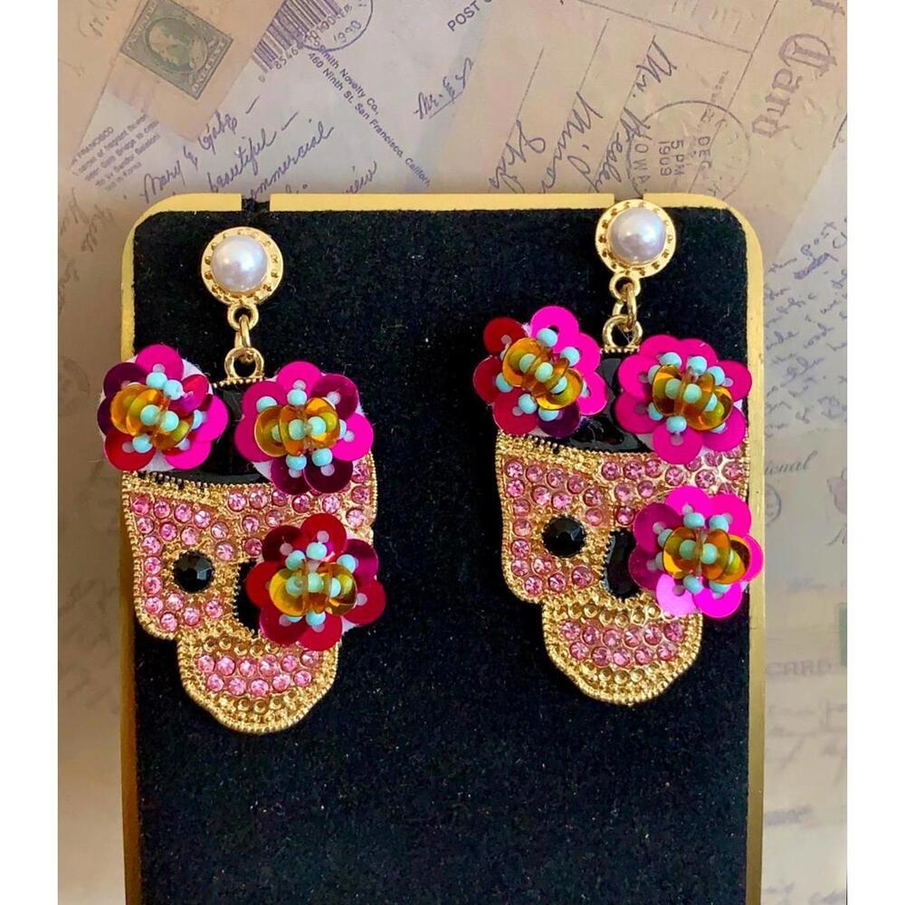 Pink Rhinestone Sugar Skull Drop Earrings - Floral Sequin Calavera Dangles